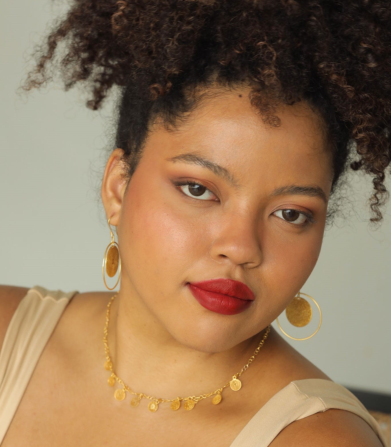 Dionne Gold Disc Charm Choker Worn - AMAMI