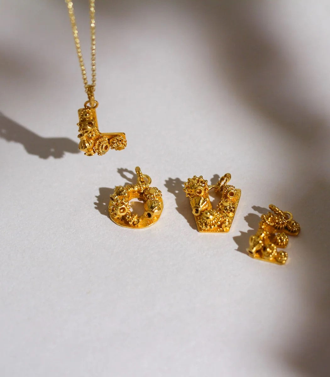 Initial Letter Tambourine Gold Charm Necklace - AMAMI