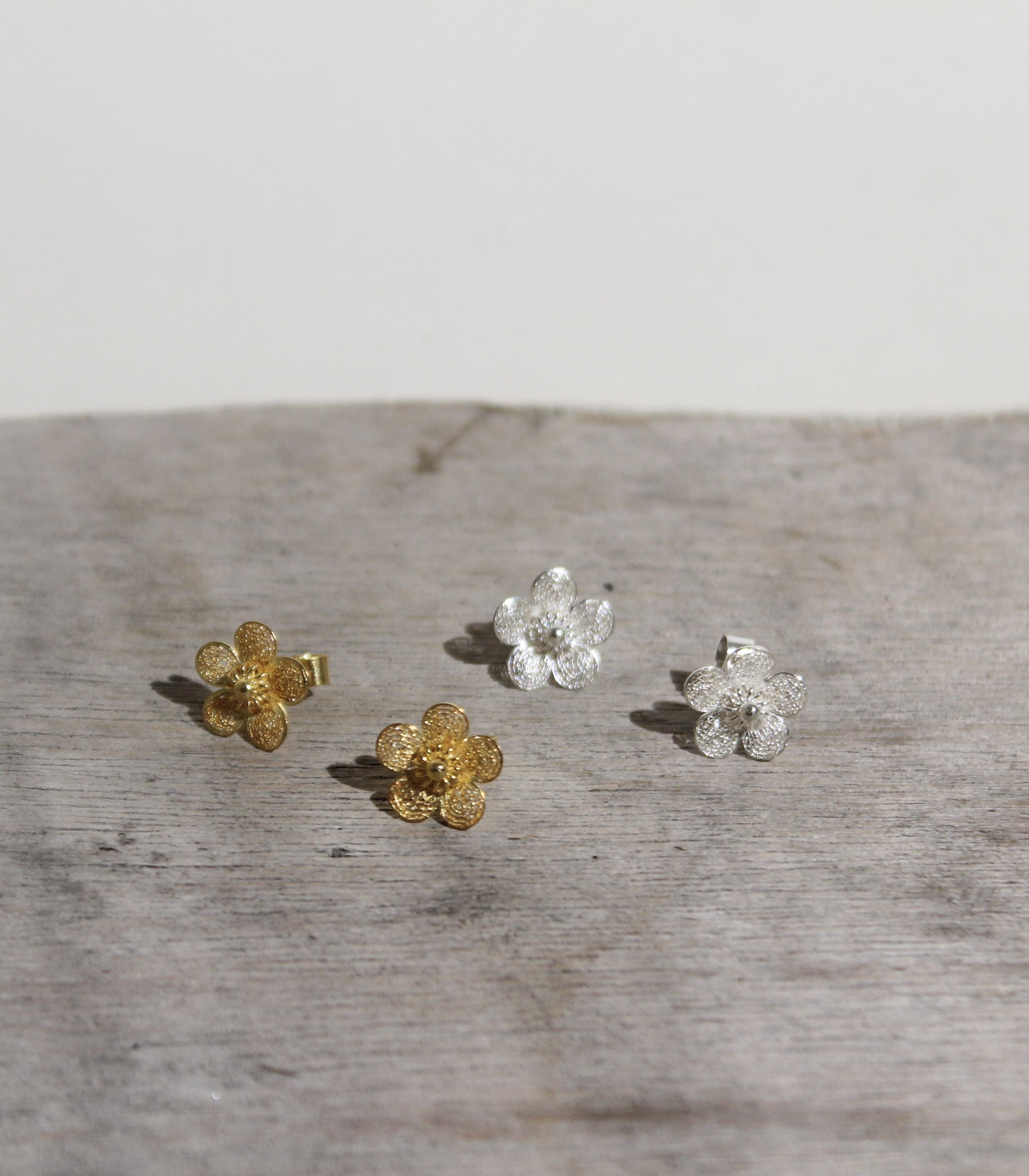 Sampaguita Filigree Stud Earrings in Silver and Gold  - AMAMI