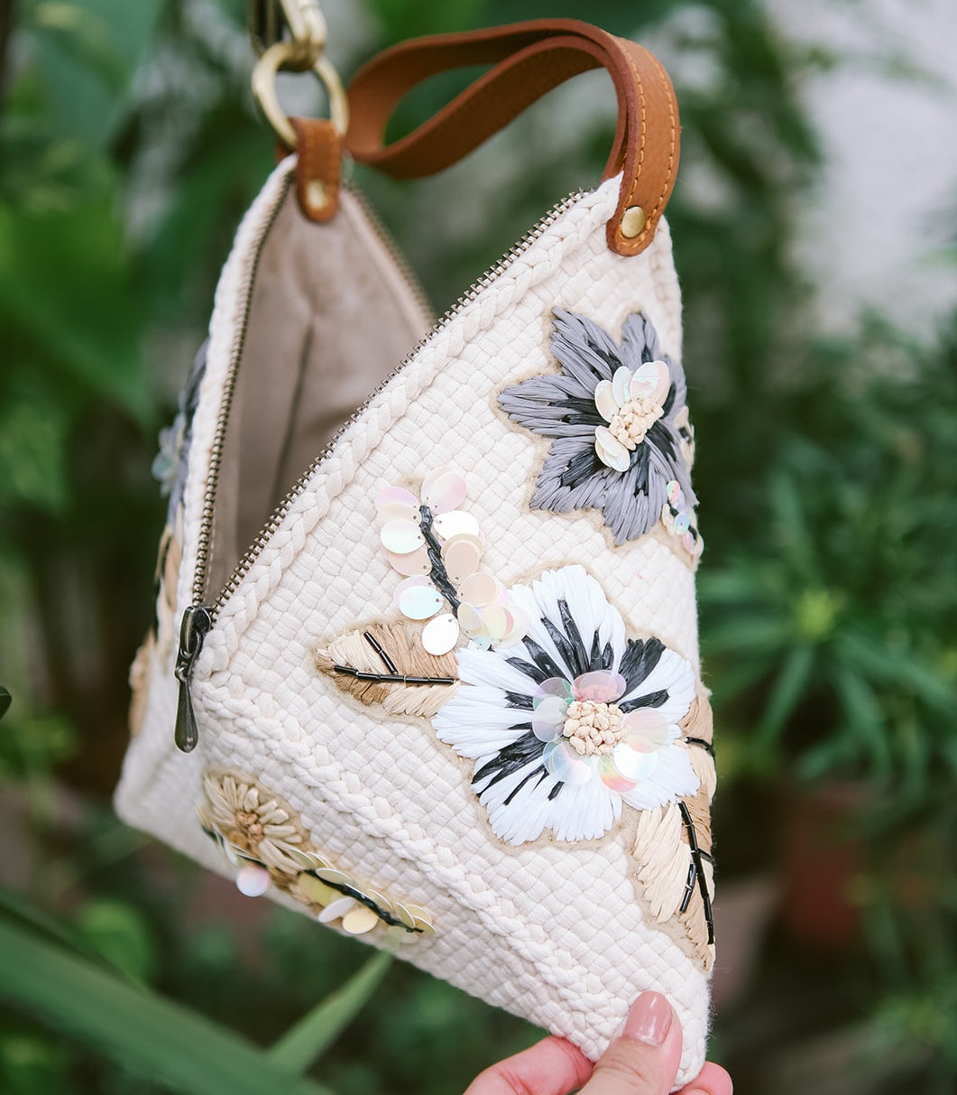 Puso Hardin Embroidered Pyramid Clutch in Beige - Rags2Riches
