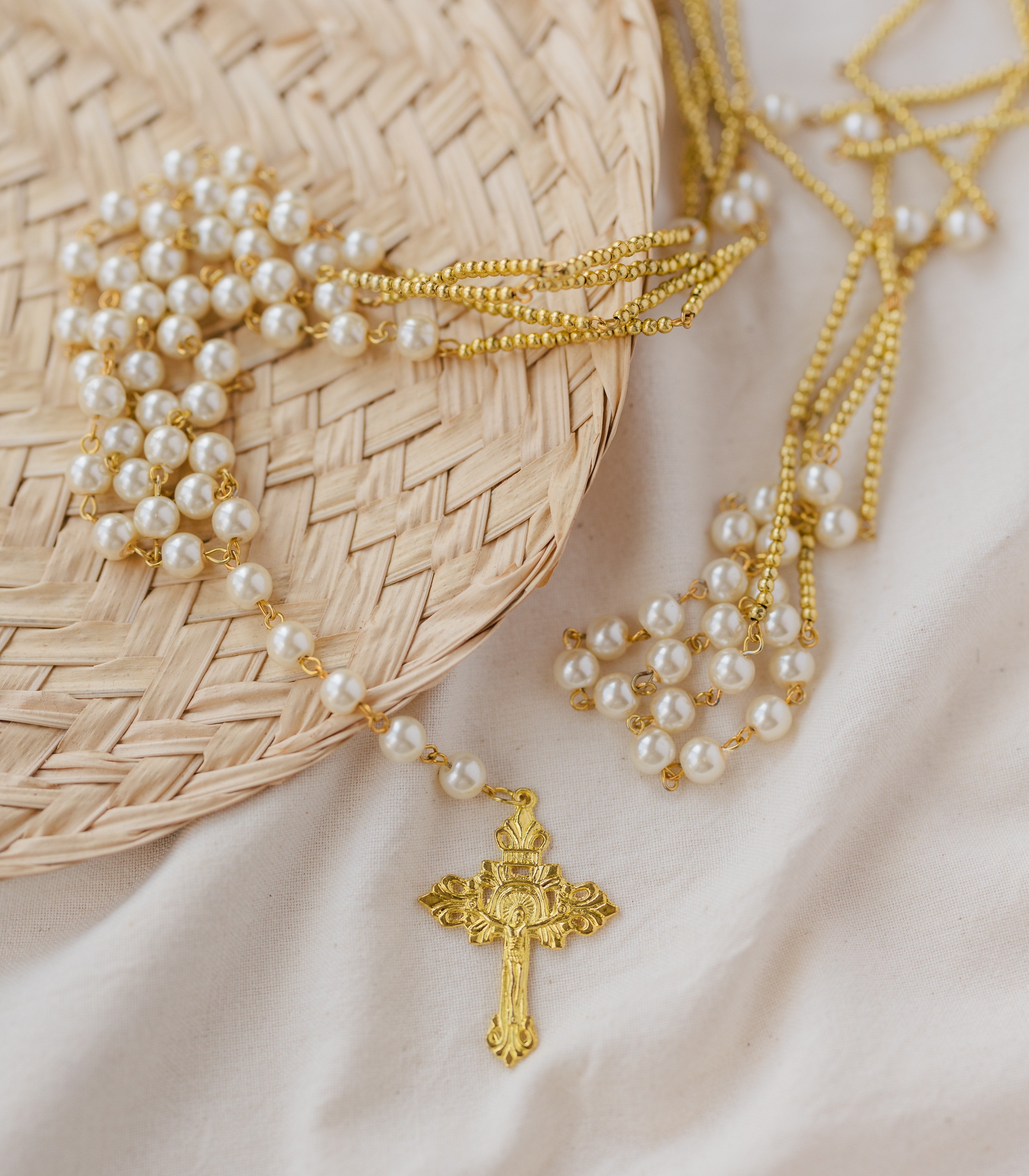 Glossy Pearl Rosary Wedding Unity Cord - Wedding Library - Gold