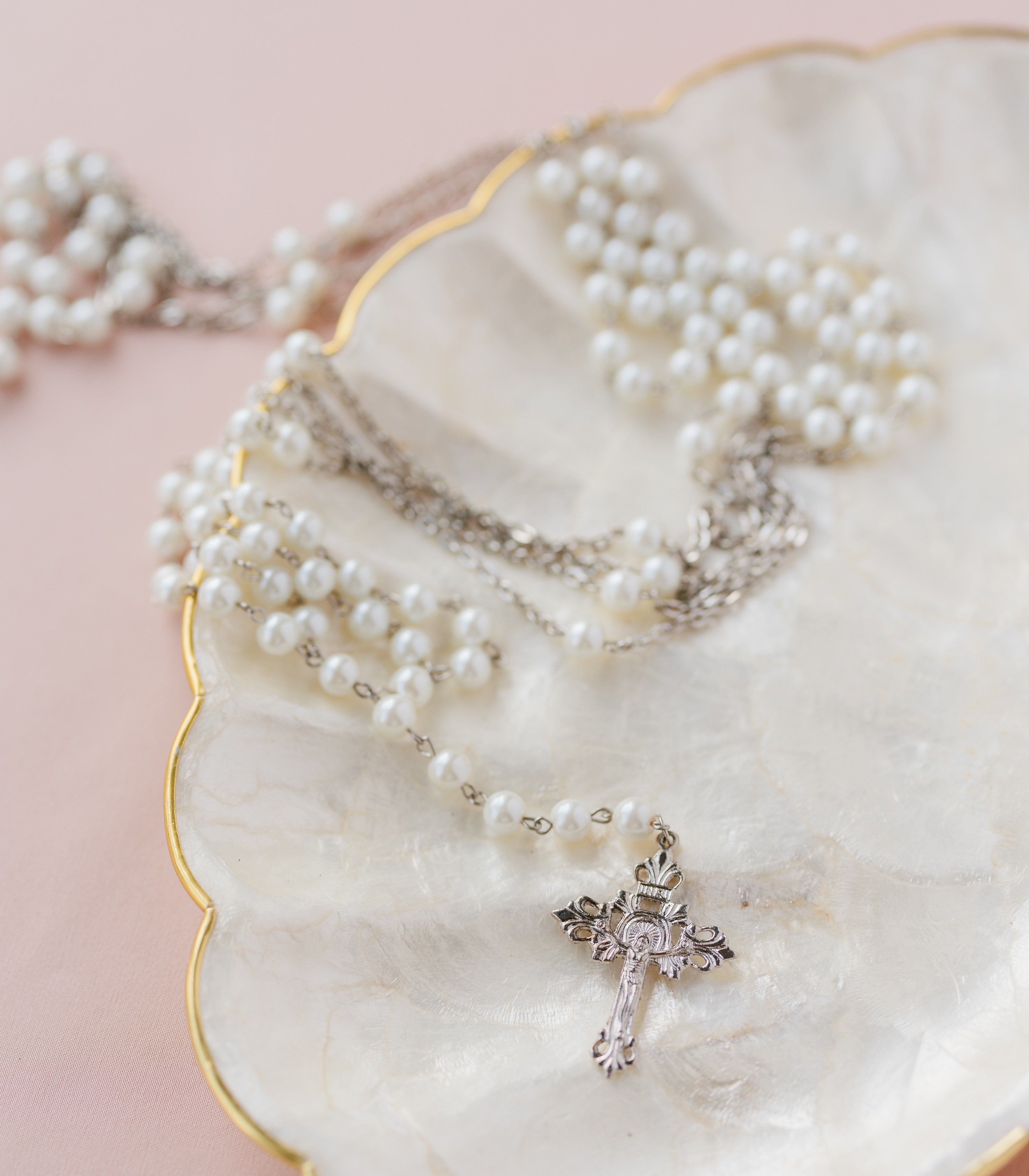 Glossy Pearl Rosary Wedding Unity Cord in  Silver - The Wedding Library