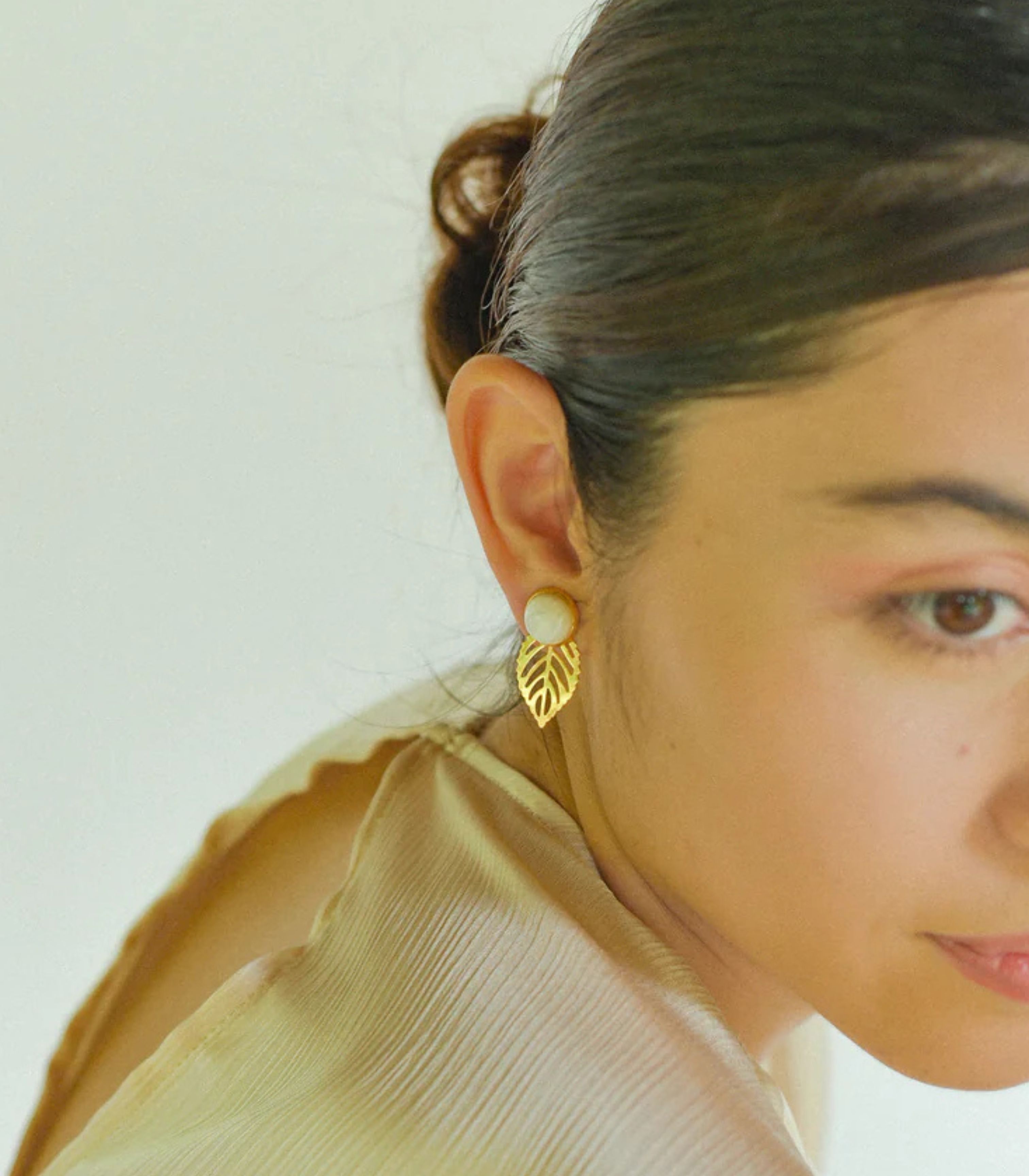Gina Gold Leaf & Pearl Earrings – Multi-Wear Stud & Dangle in Mother of Pearl - Lily Jewelry