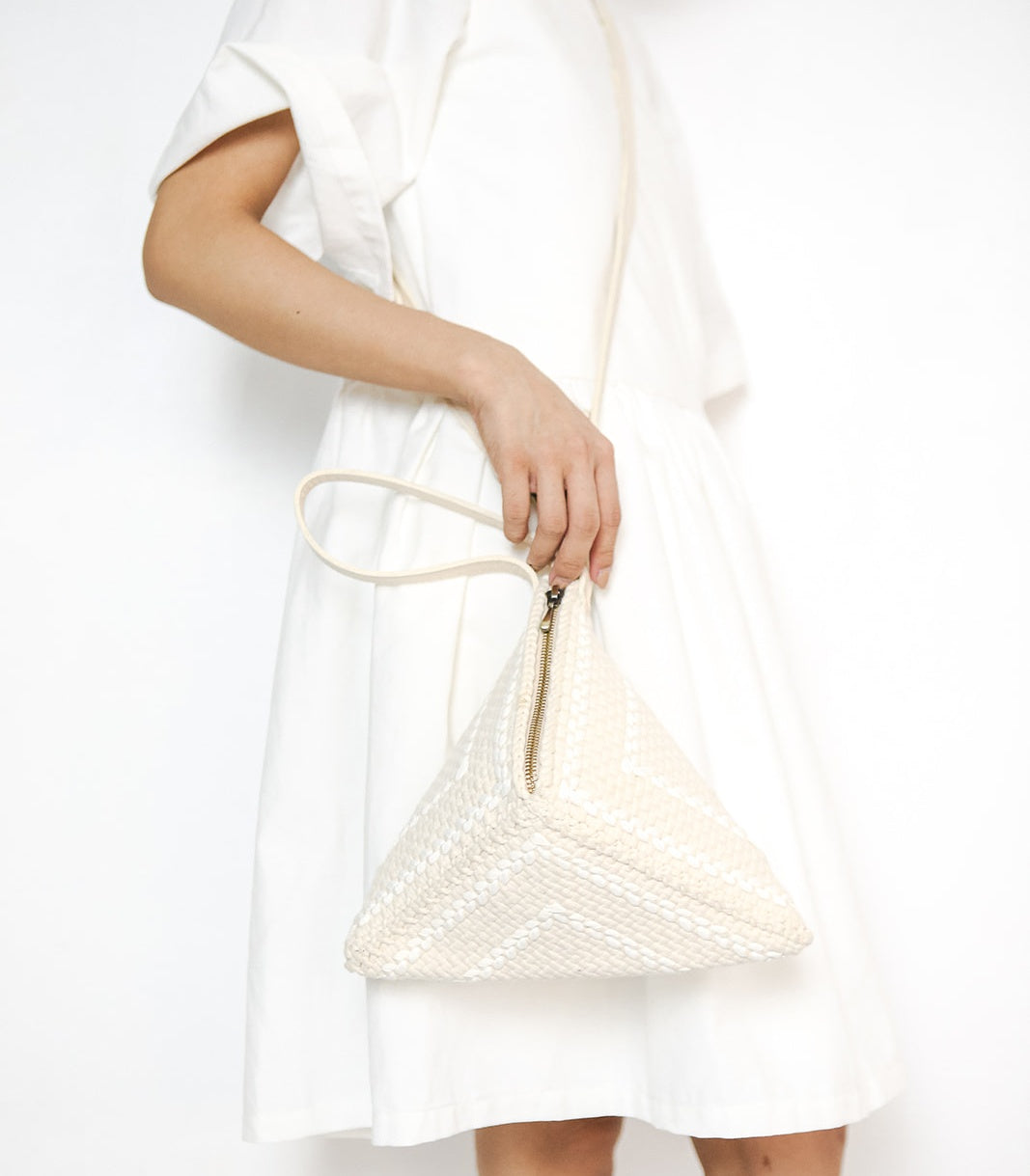 Puso Pyramid Handbag with a model - Beige - Rags2Riches