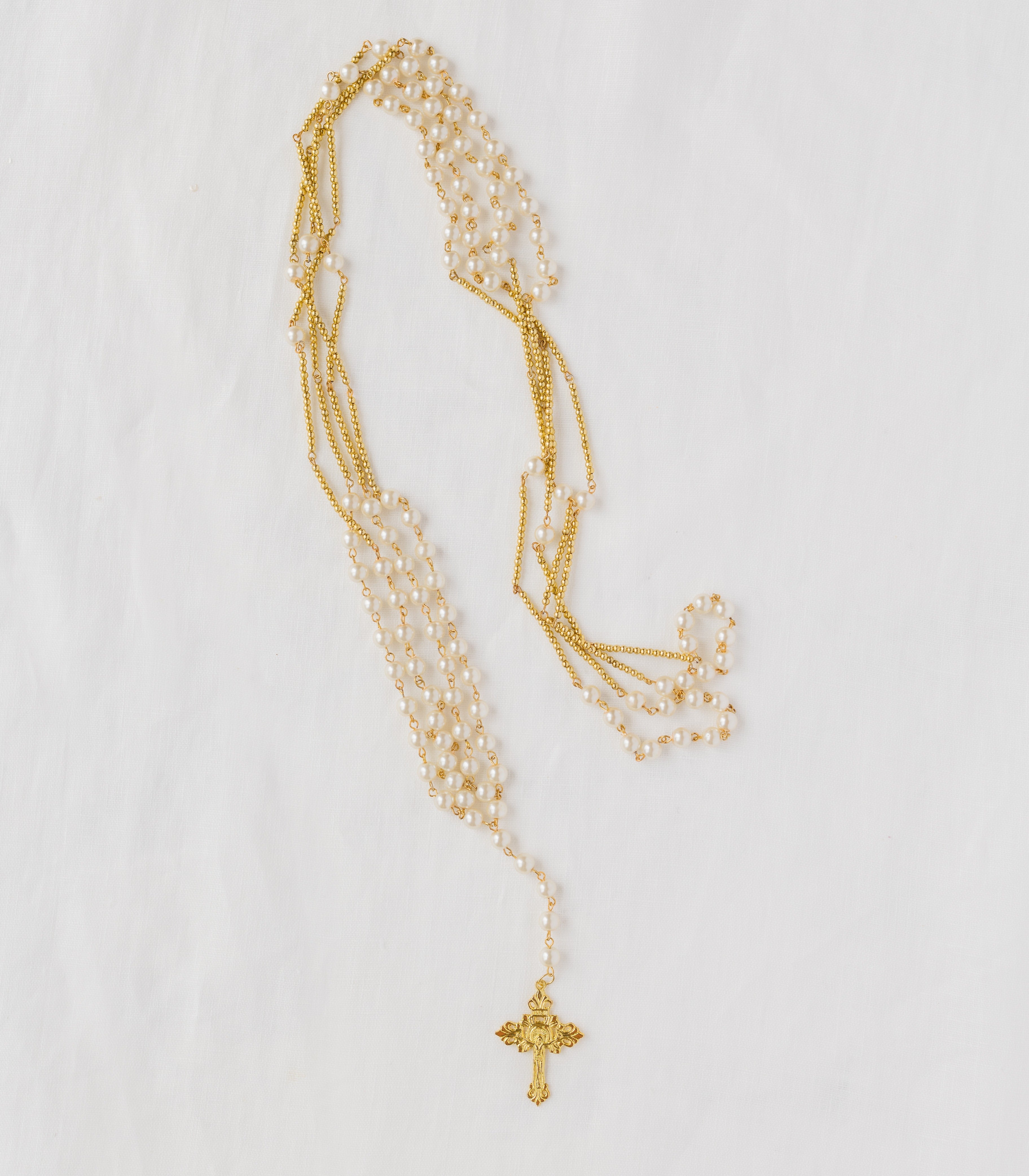 Glossy Pearl Rosary Wedding Unity Cord - Gold